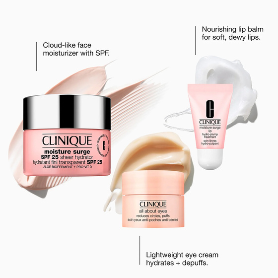 Clinique Hydrate Protect zestaw prezentowy krem do twarzy Moisture Surge SPF25 50 ml + krem pod oczy All About Eyes 5 ml + balsam do ust Moisture Surge 7 ml + kosmetyczka