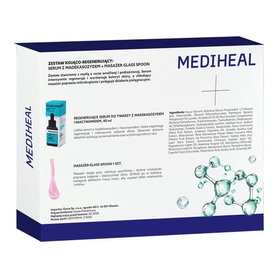 Mediheal Korean Skincare Set zestaw do pielęgnacji twarzy regenerujące serum do twarzy z madekasozydem 40 ml + szklany masażer Glass Spoon 