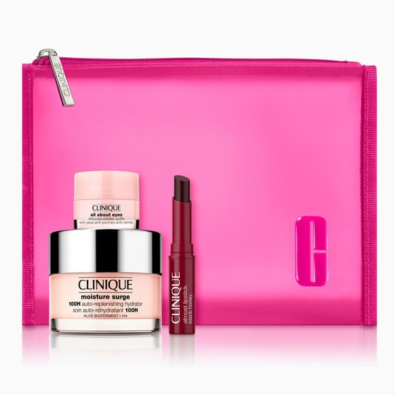 Clinique Hydration Honey zestaw prezentowy krem-żel do twarzy Moisture Surge 100H 30 ml + pomadka Almost Lipstick 1,2 g + krem pod oczy All About Eyes 5 ml + kosmetyczka