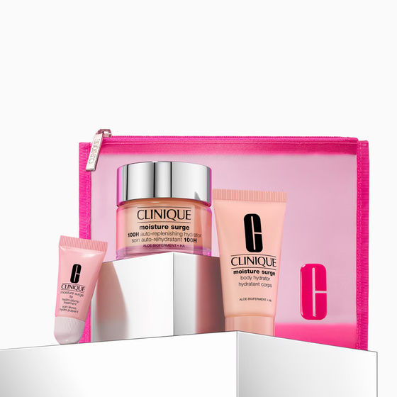 Clinique Hydration Essentials zestaw prezentowy krem-żel do twarzy Moisture Surge 100H 30 ml + balsam do ciała Moisture Surge 30 ml + balsam do ust Moisture Surge 7 ml + kosmetyczka