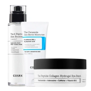 COSRX zestaw do pielęgnacji twarzy serum The 6 Peptide 150 ml + krem The Ceramide Skin Barrier Moisturizer 80 ml + płatki pod oczy The Peptide Collagen 60 sztuk